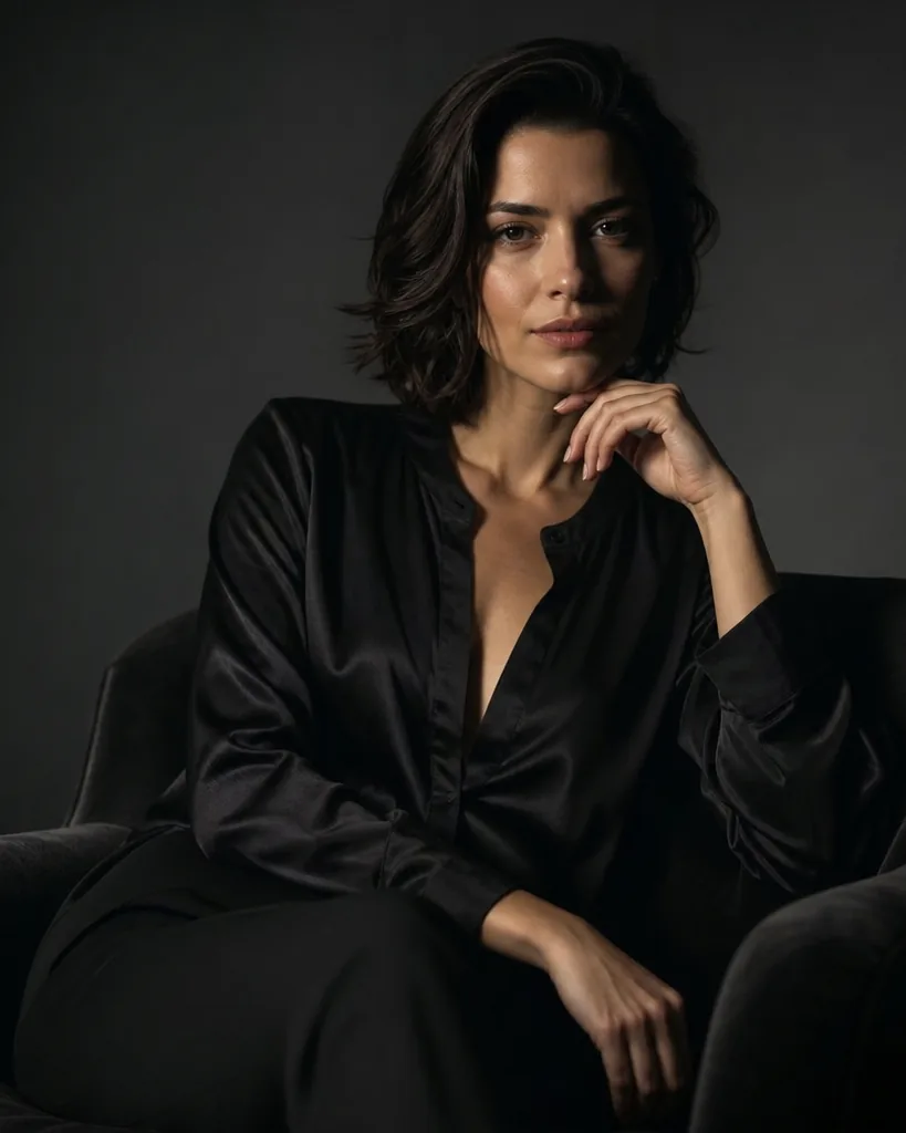 Adult woman in a black satin robe in a dark velvet armchair, half in shadow
