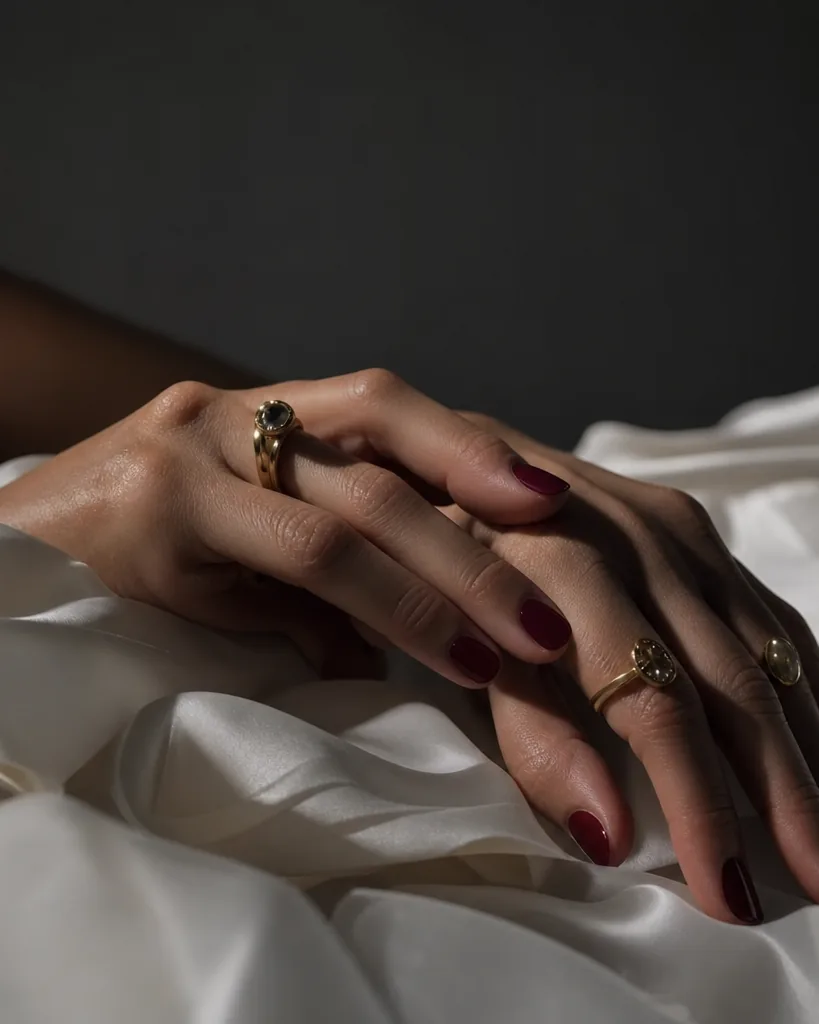 Hands with rings resting on rumpled white silk