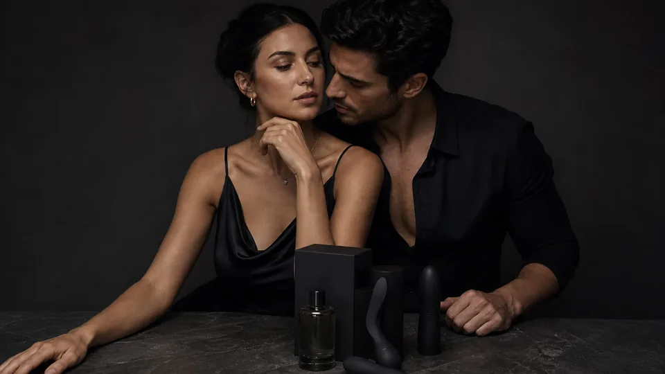 Sexual wellness products in closed boxes on a studio table