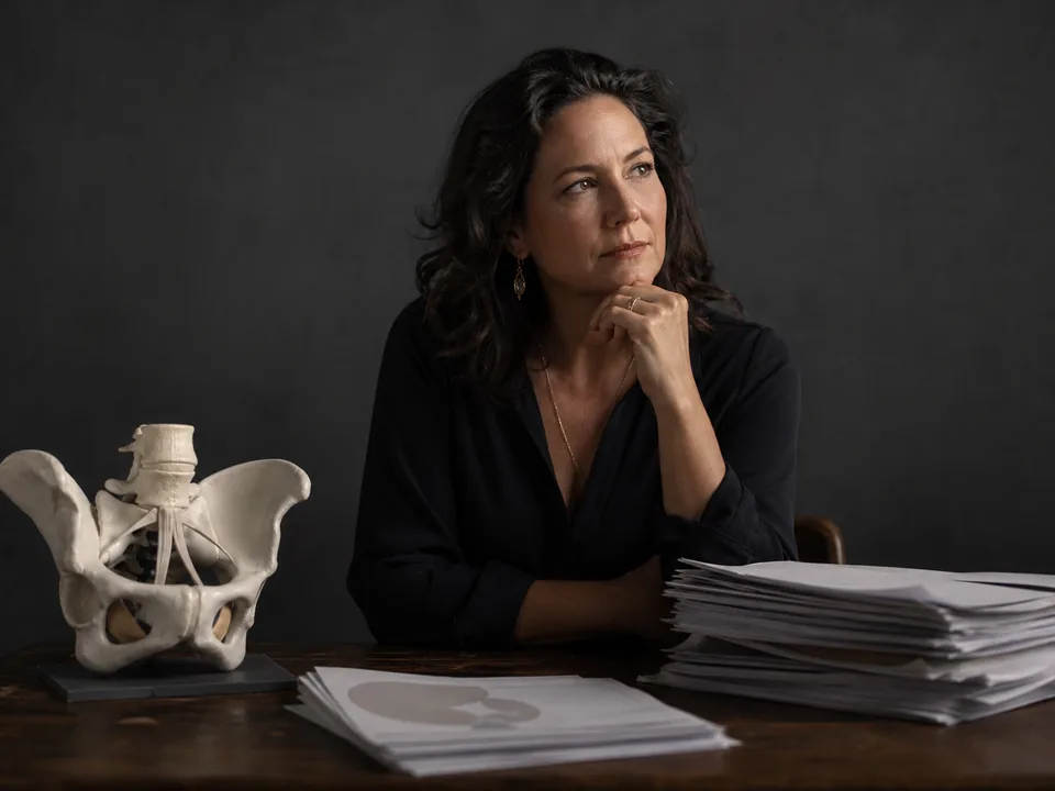 Sex educator at her desk with an anatomical model and research papers