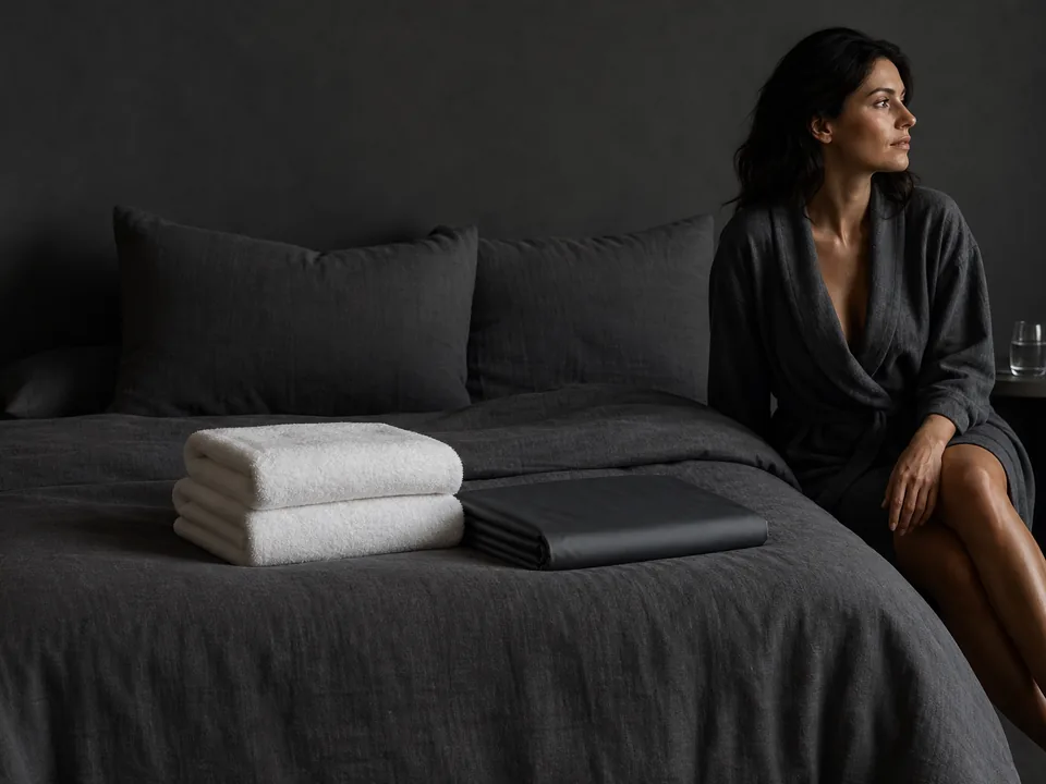 Bed prepared with folded towels, a blanket and a glass of water
